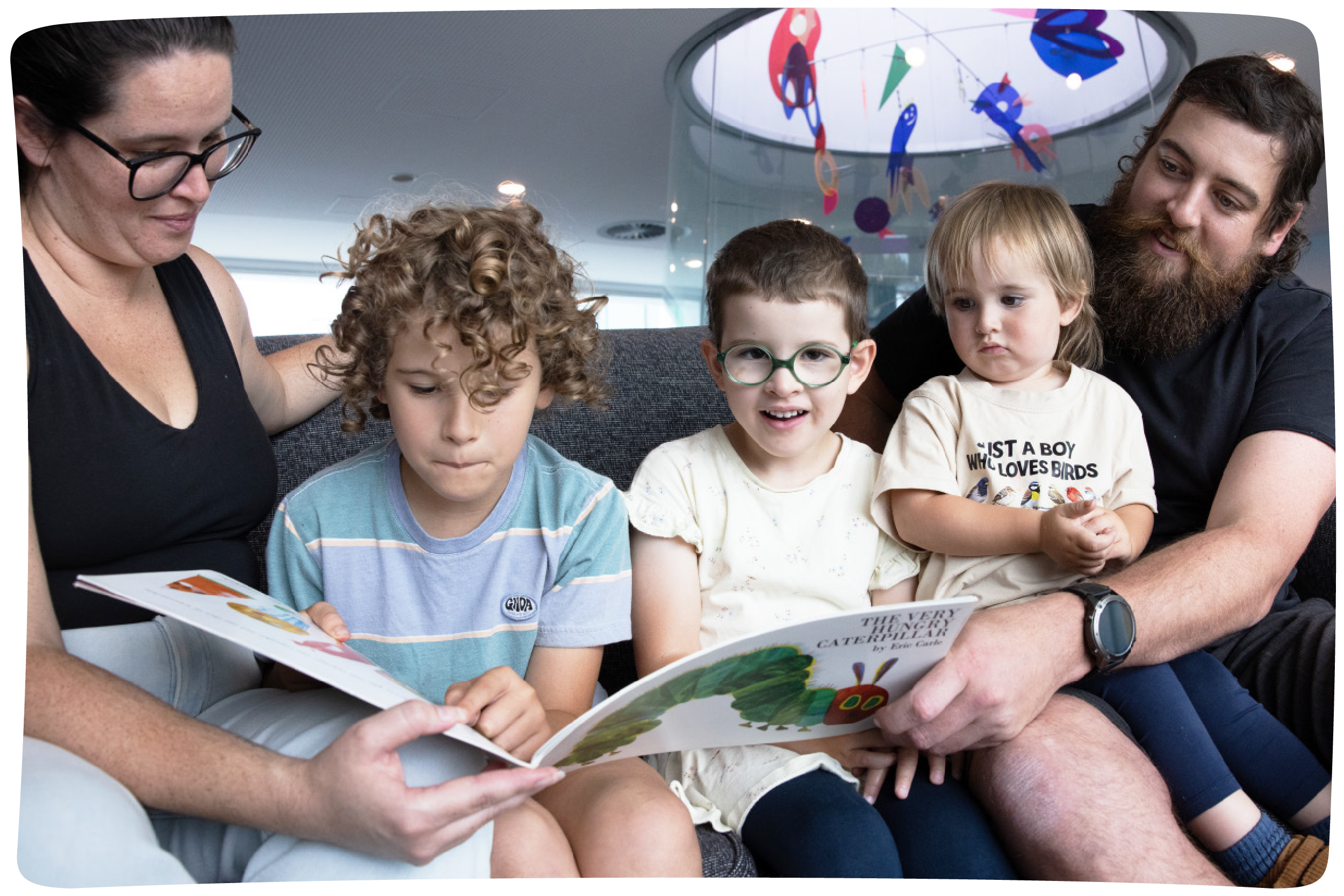 Shawcross family in the recreation centre of Ronald McDonald House at QEII